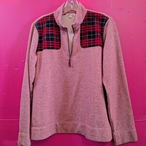 Orvis red plaid quarter zip sweater with elbow patches.